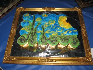 Starry Night cupcake cake, with a few nibbles.